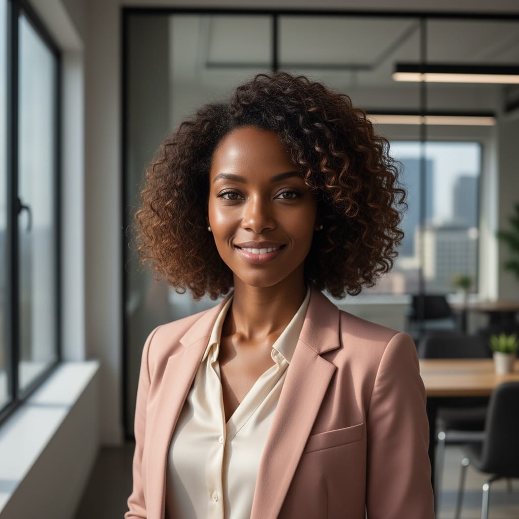 petite black woman modern office window light 85743415