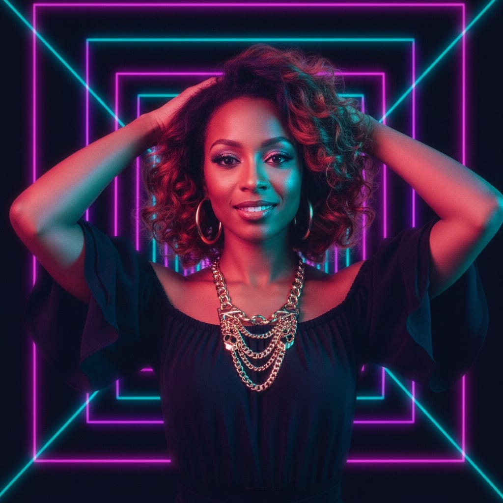 petite black woman neon portrait pink blue 46032488