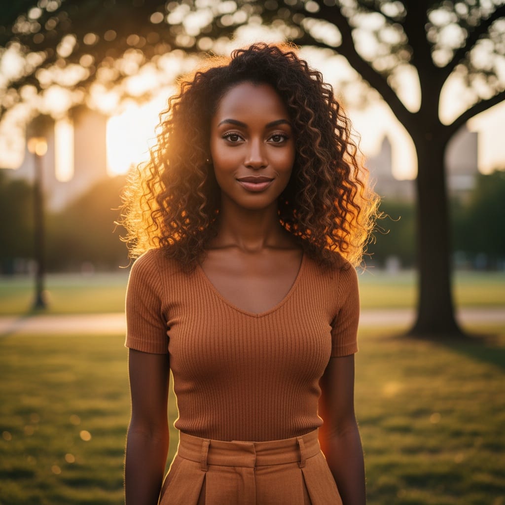 petite black woman outdoor golden hour 91309338