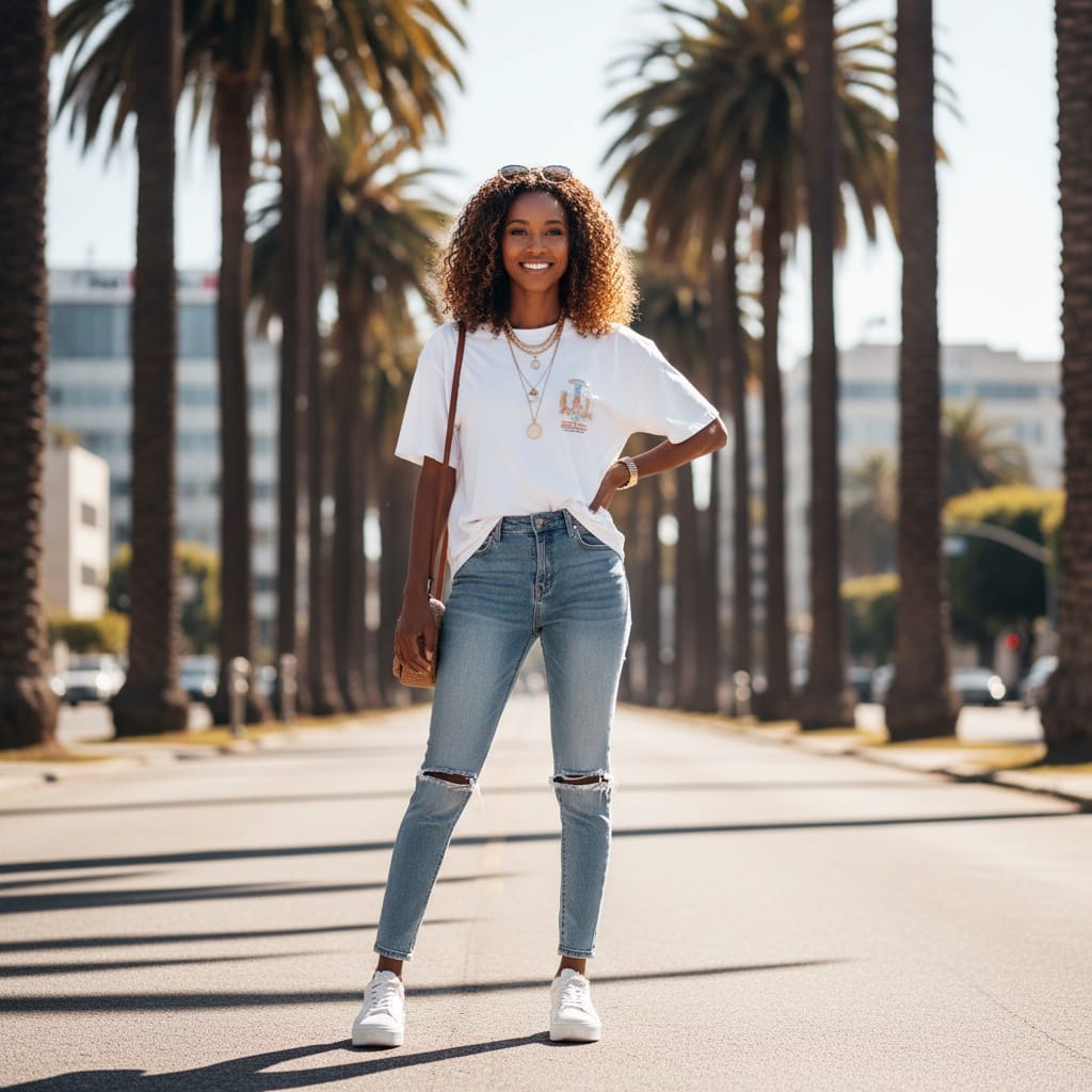 petite black woman palm tree lined street 24751447