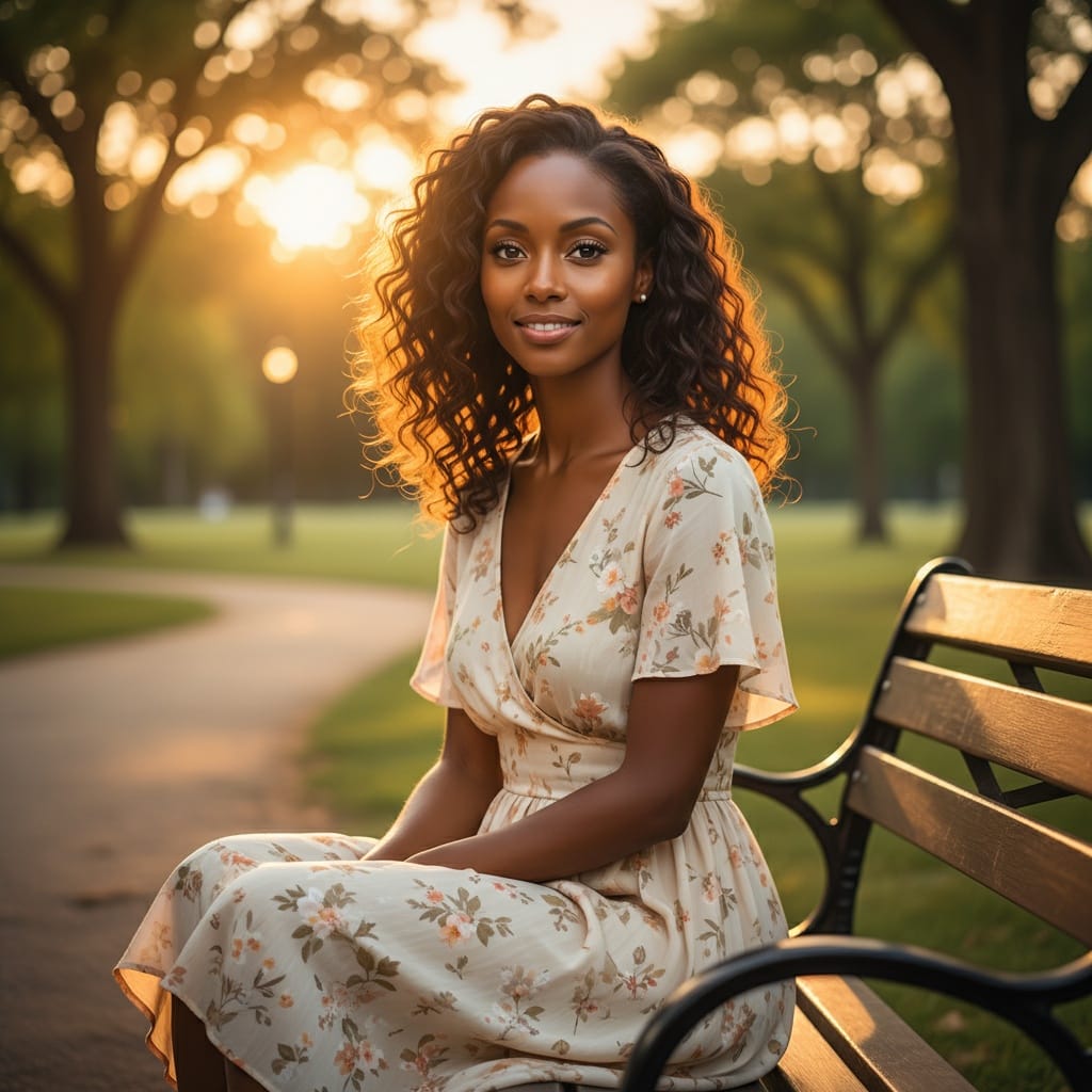 petite black woman park bench golden hour 18235556