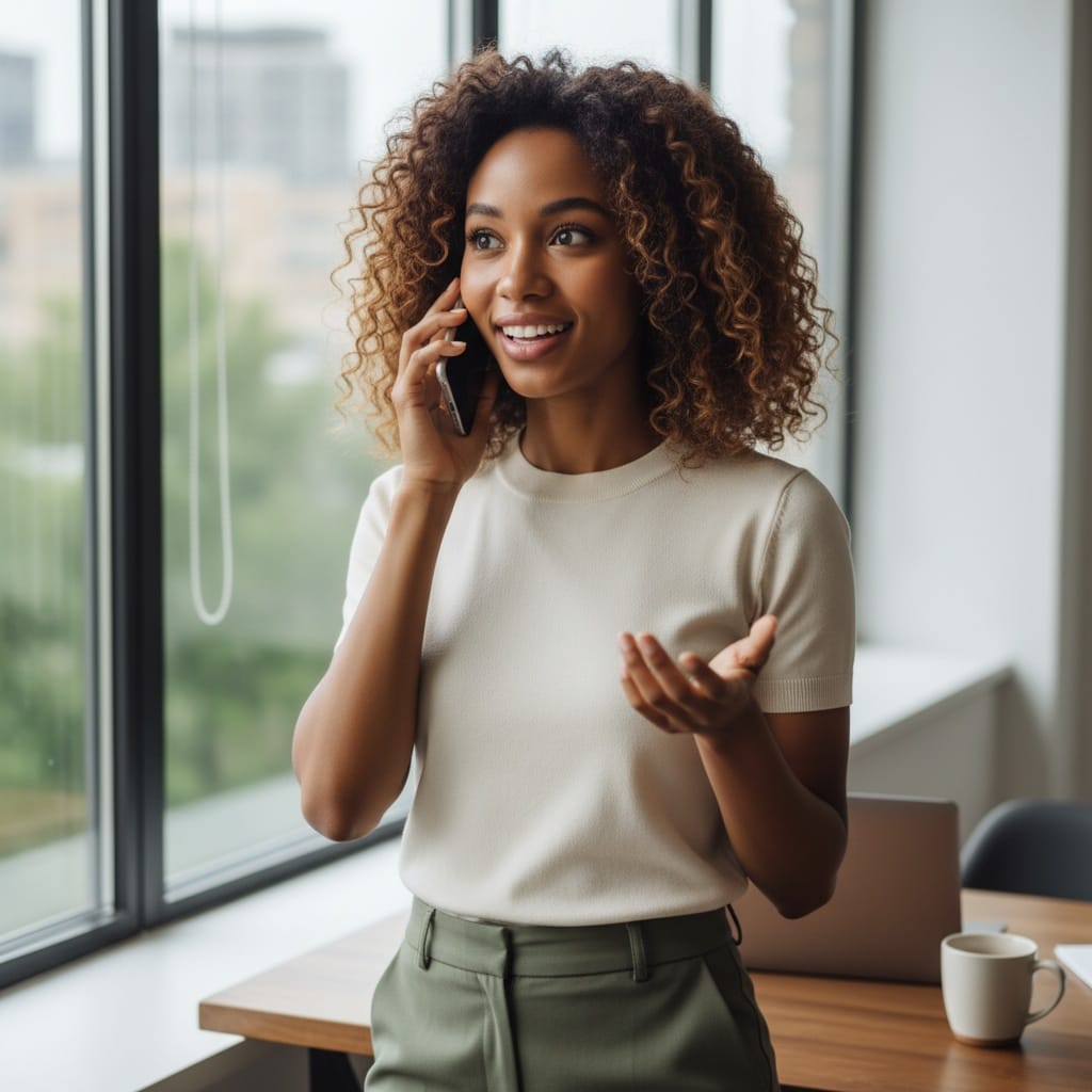 petite black woman phone call business moment 18401551
