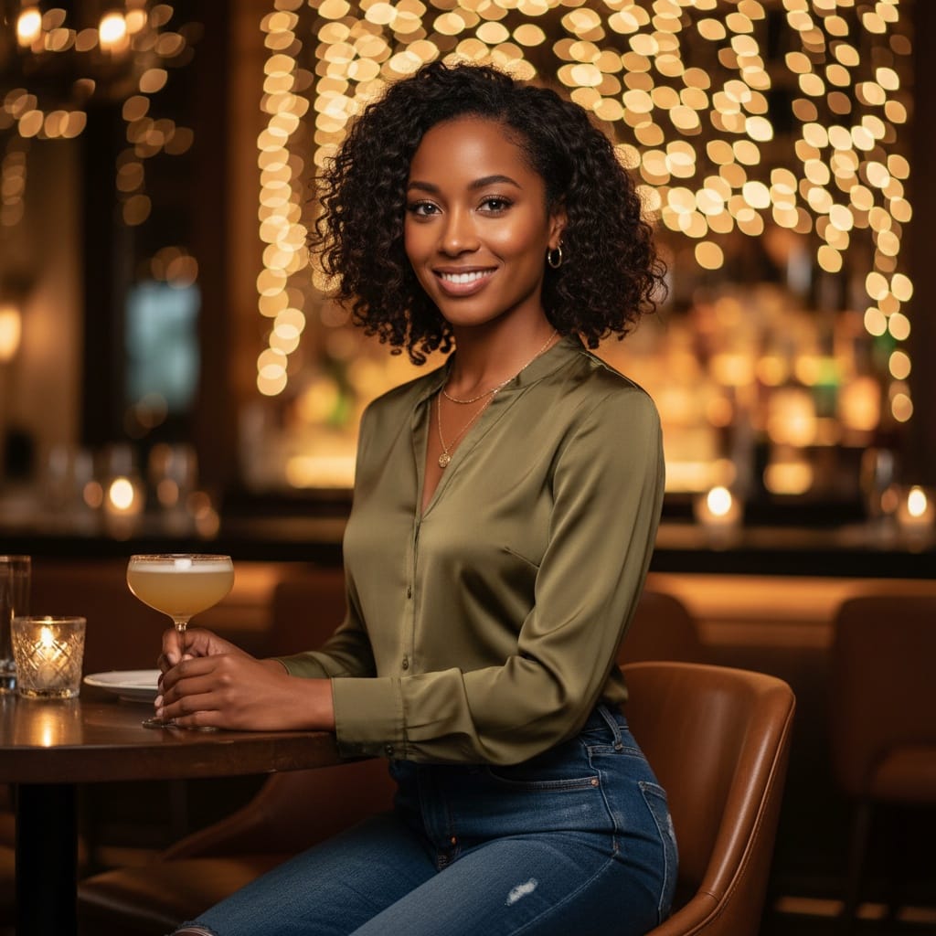 petite black woman restaurant bar social setting 67608035