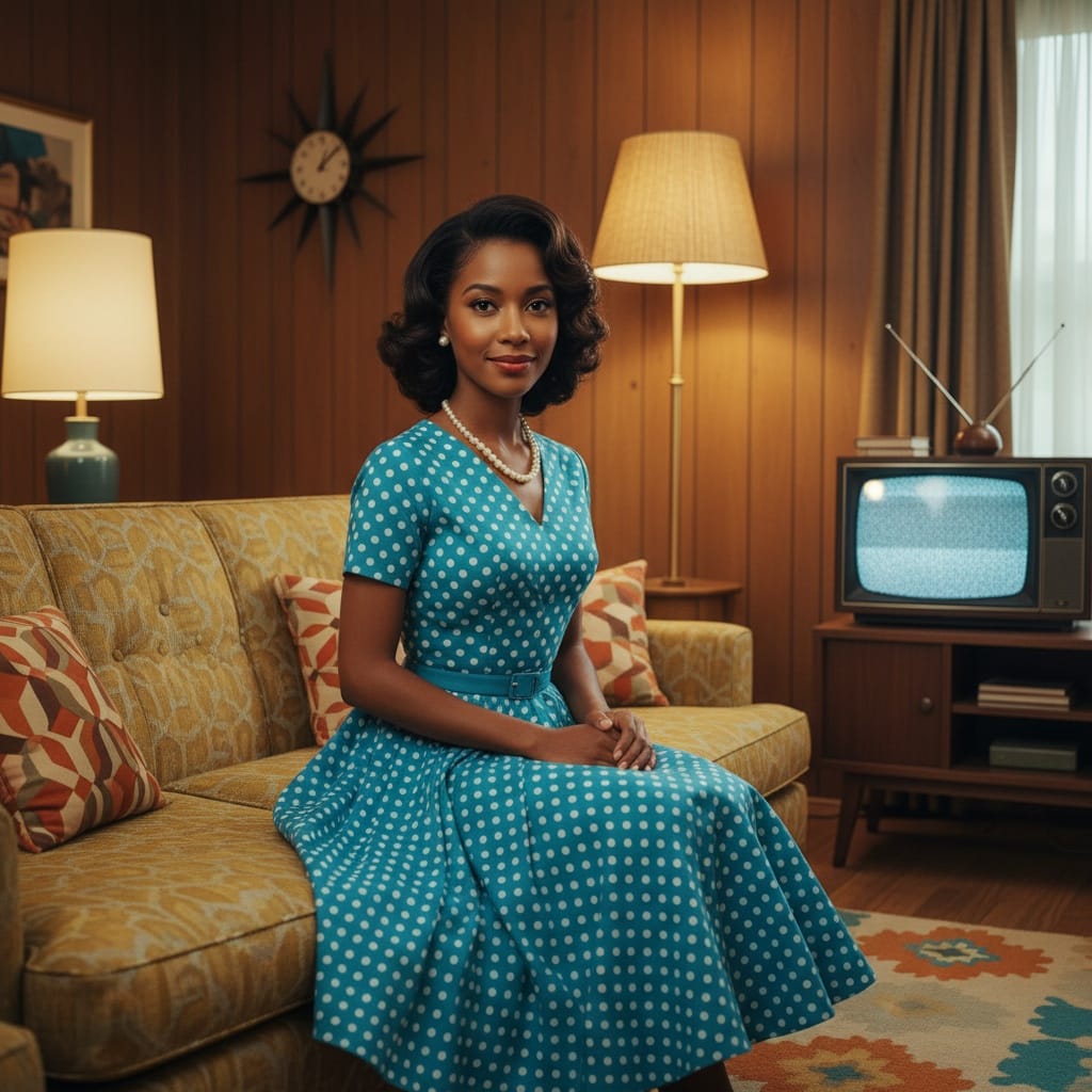 petite black woman retro living room portrait 42419154