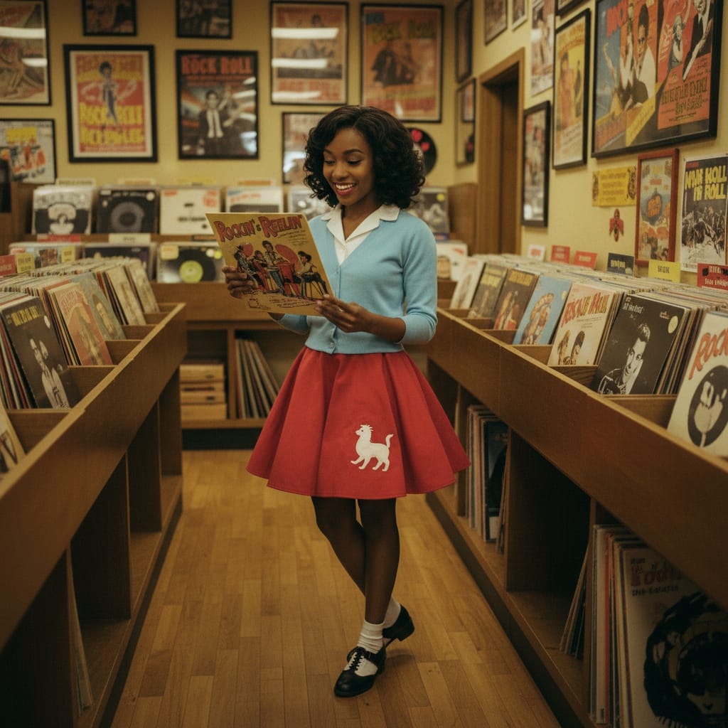 petite black woman retro record store 79614746