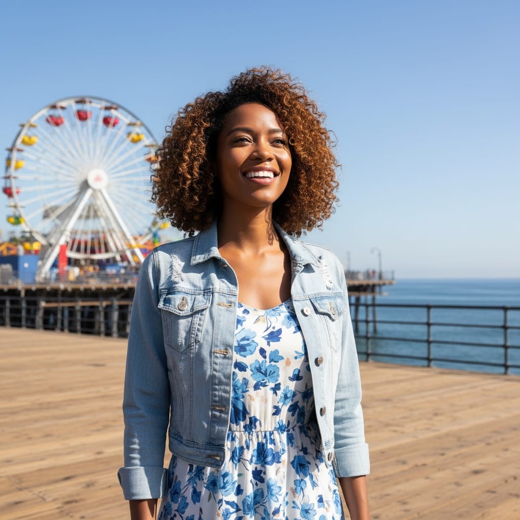 petite black woman santa monica pier lifestyle 39723775
