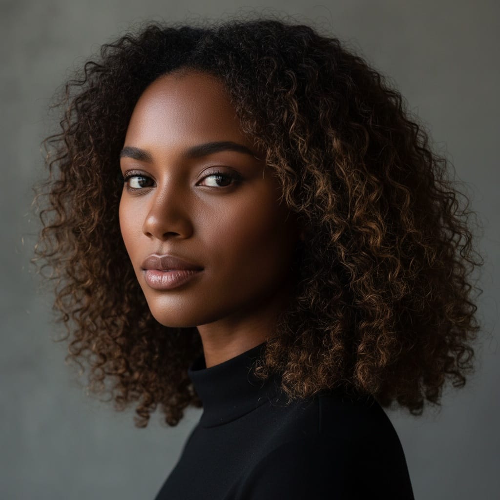 petite black woman serious editorial look 43076605