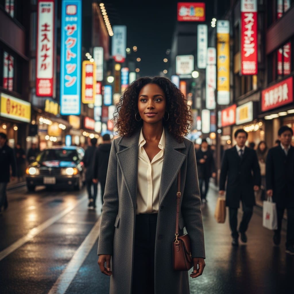 petite black woman shinjuku night street level 46766280