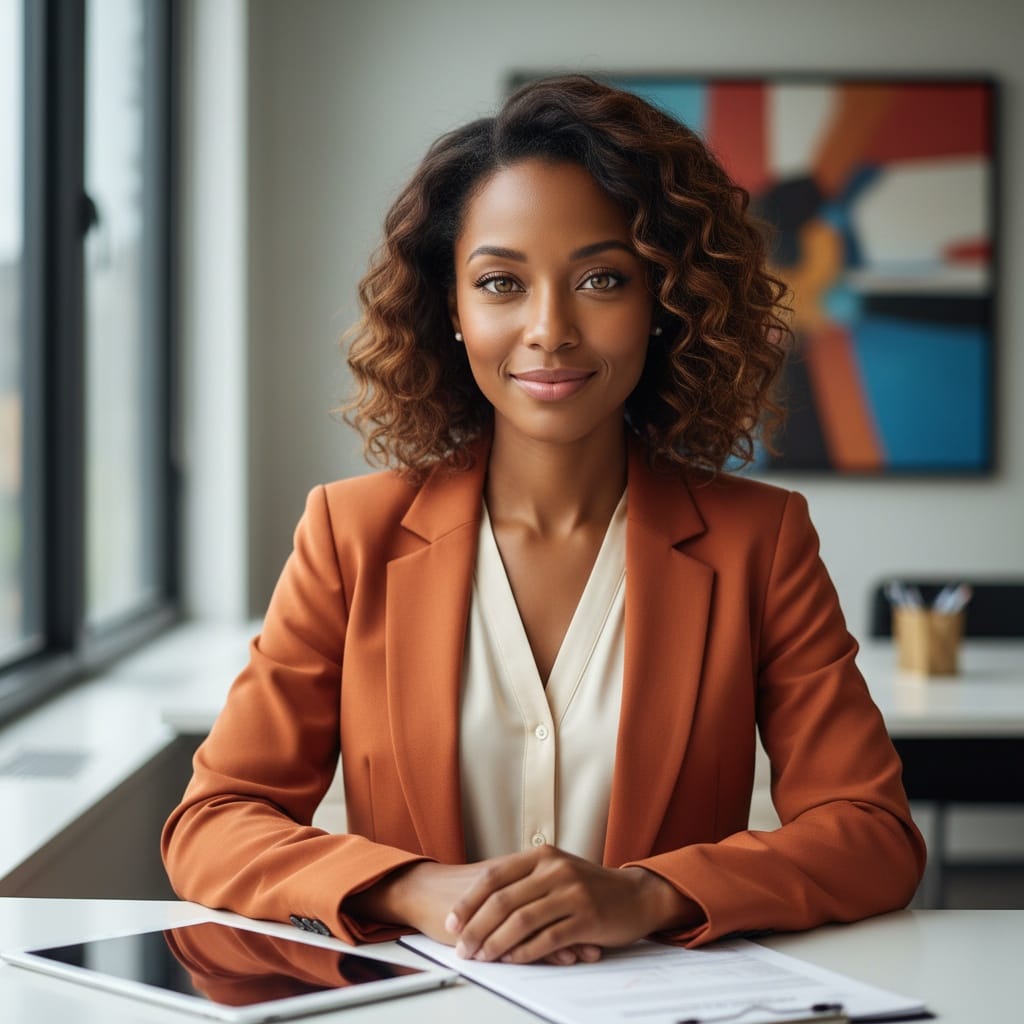 petite black woman sitting desk consultation 92710202