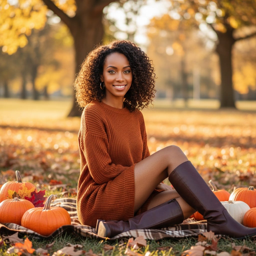 petite black woman sitting on fall blanket 56359397