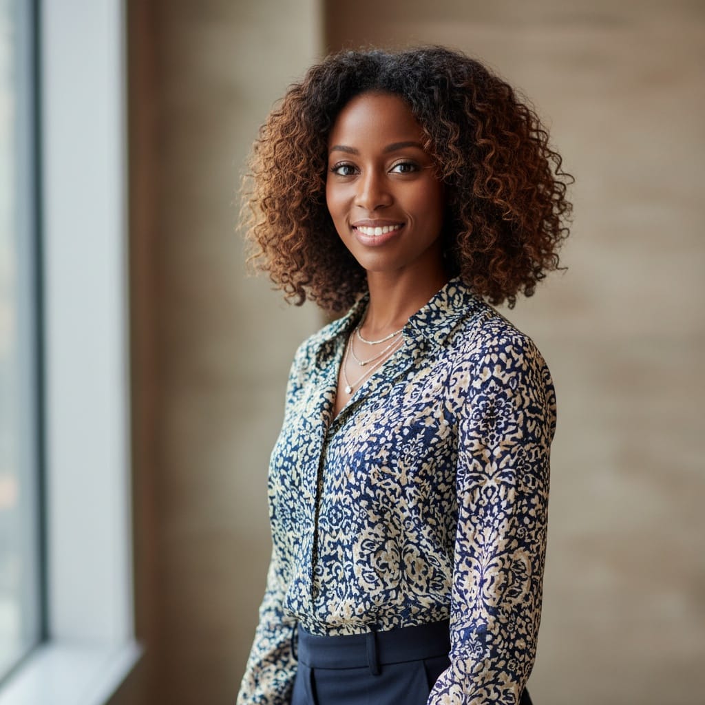 petite black woman smart casual portrait 63980988