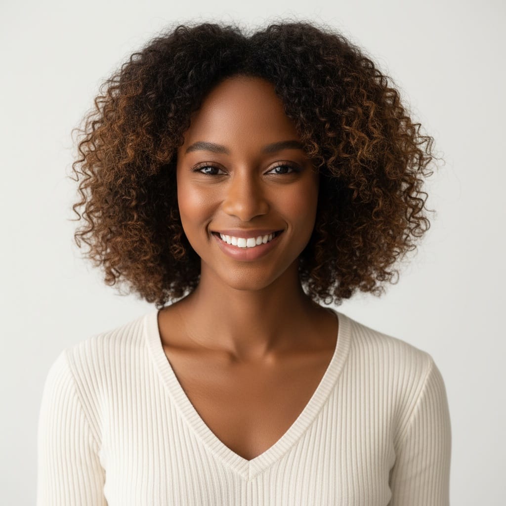petite black woman smiling commercial friendly 86724641