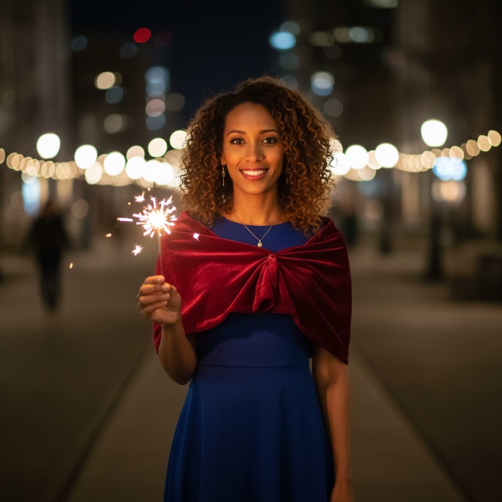 petite black woman sparkler outdoor night 40580352