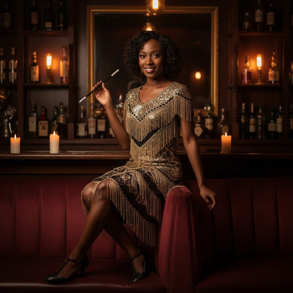 petite black woman speakeasy bar full body 82722135