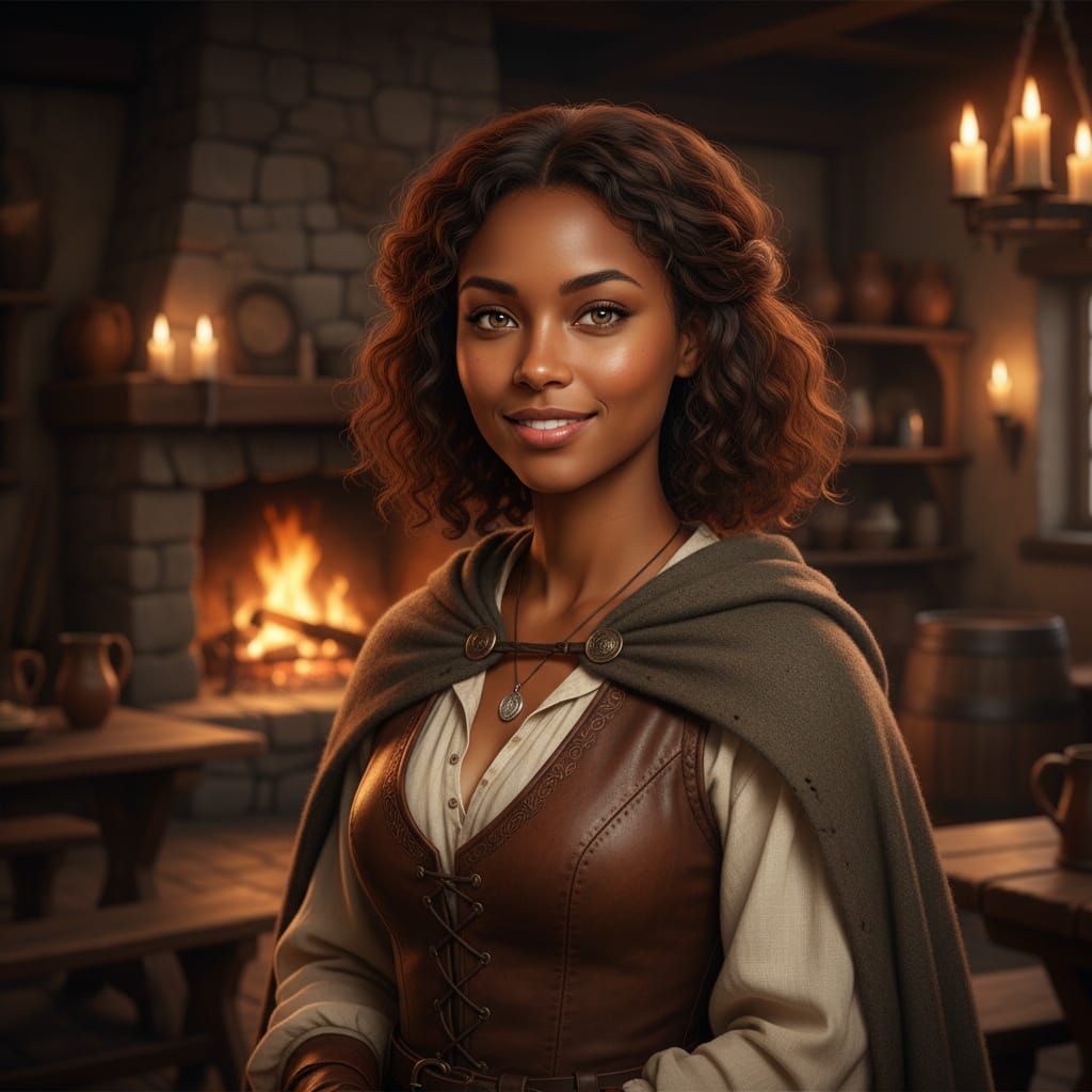 petite black woman tavern adventurer closeup 54731834