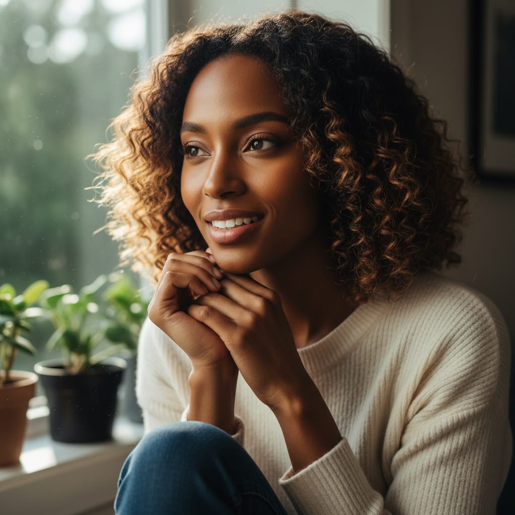 petite black woman thoughtful window lighting 22753408