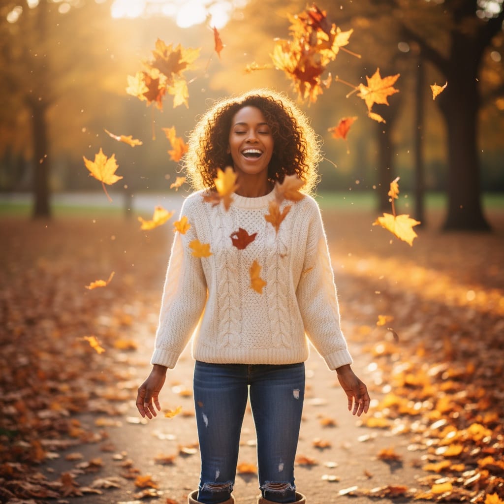 petite black woman throwing autumn leaves 43885878