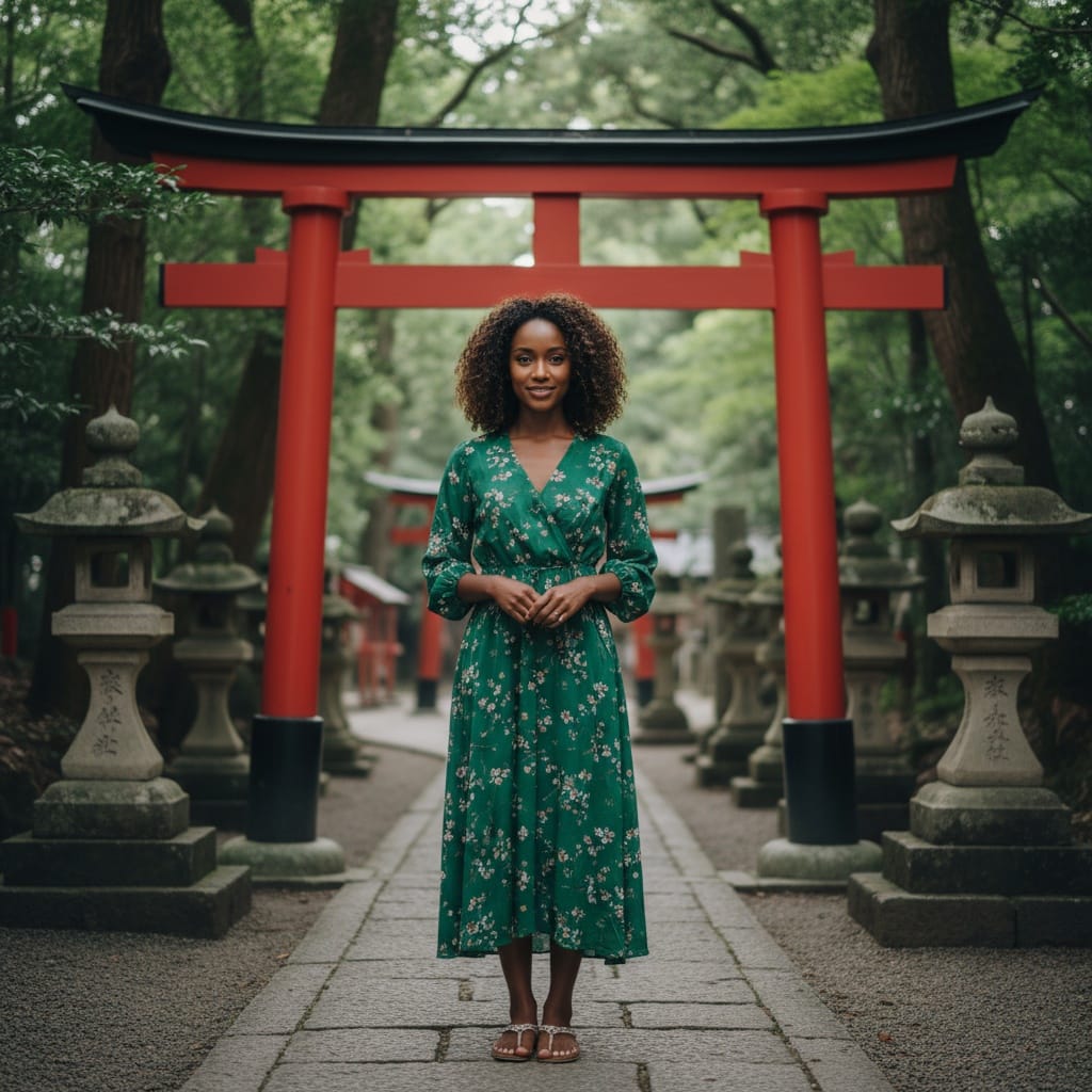 petite black woman traditional torii gate 59801486