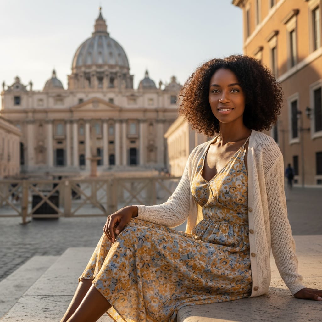 petite black woman vatican steps wide shot 23463323