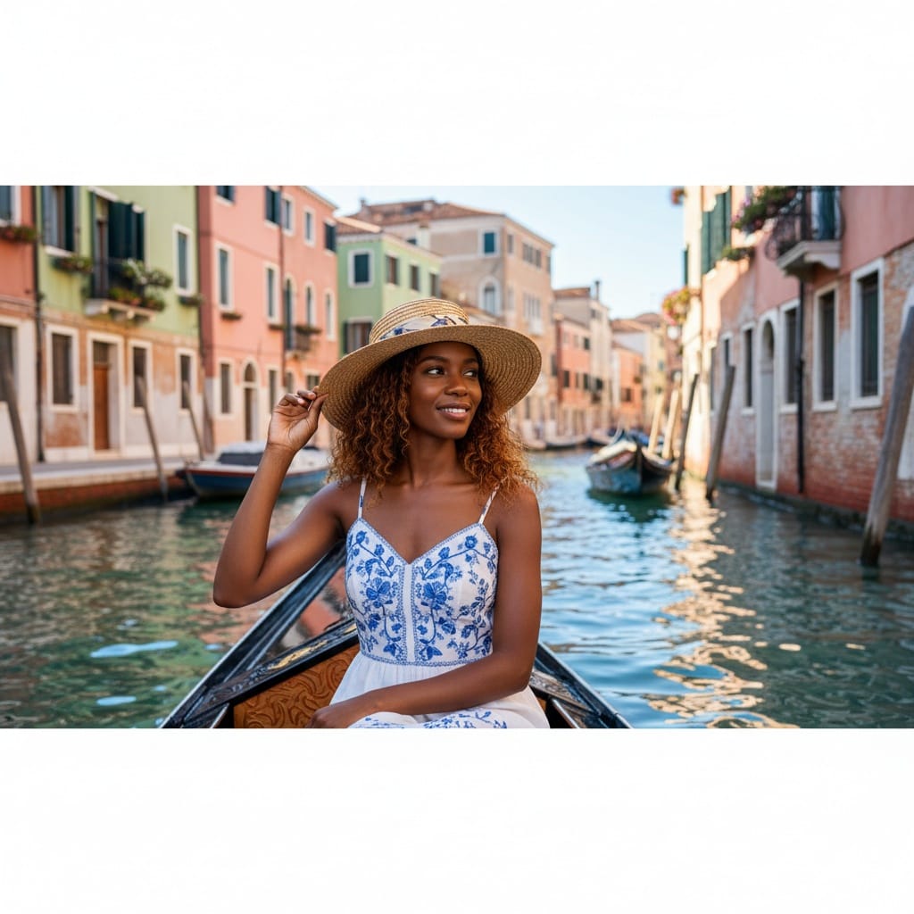 petite black woman venice gondola ride 80339926