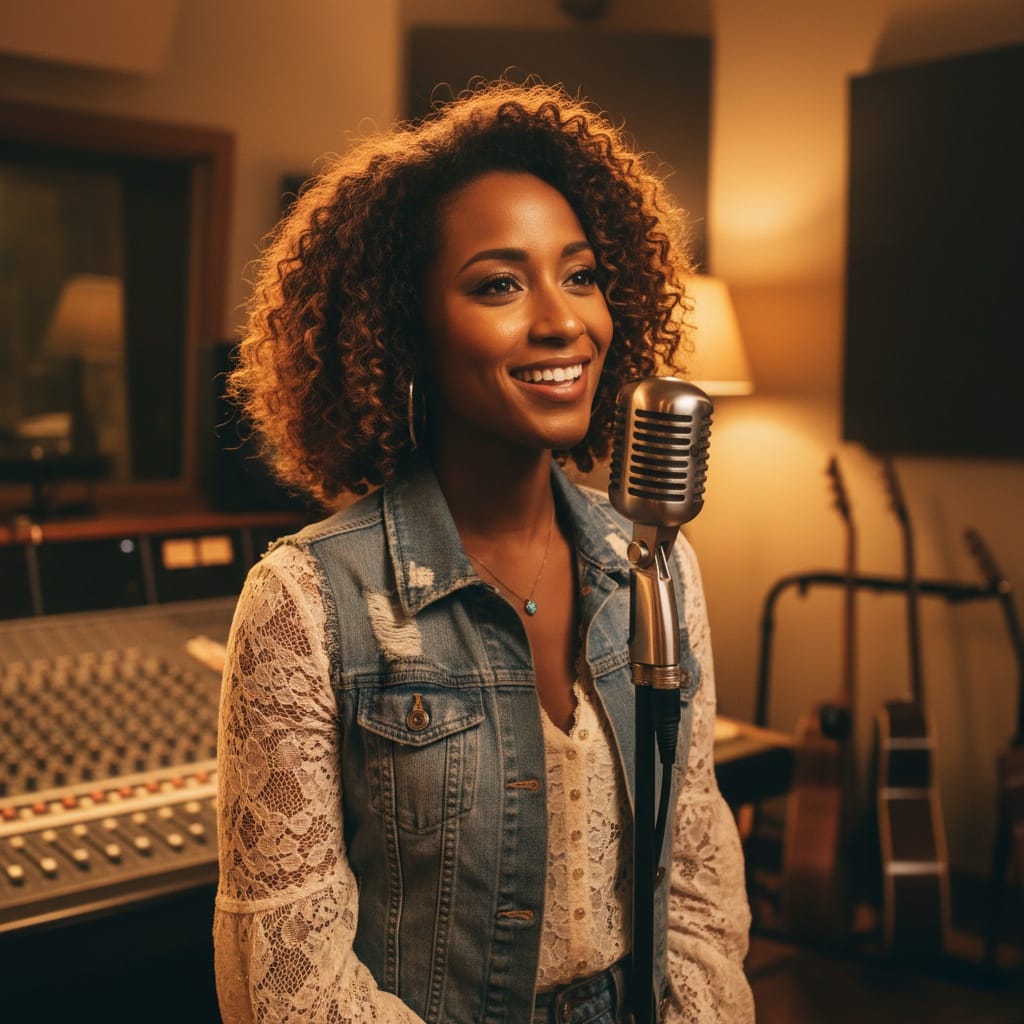 petite black woman vintage microphone close up 27295920
