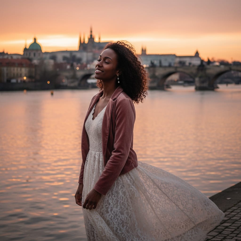 petite black woman vltava river sunset 85814044
