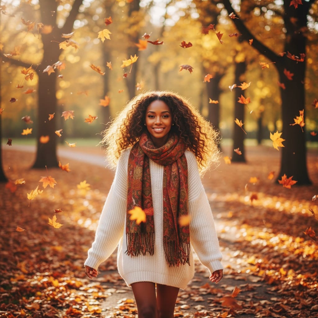 petite black woman walking through autumn leaves 25155456