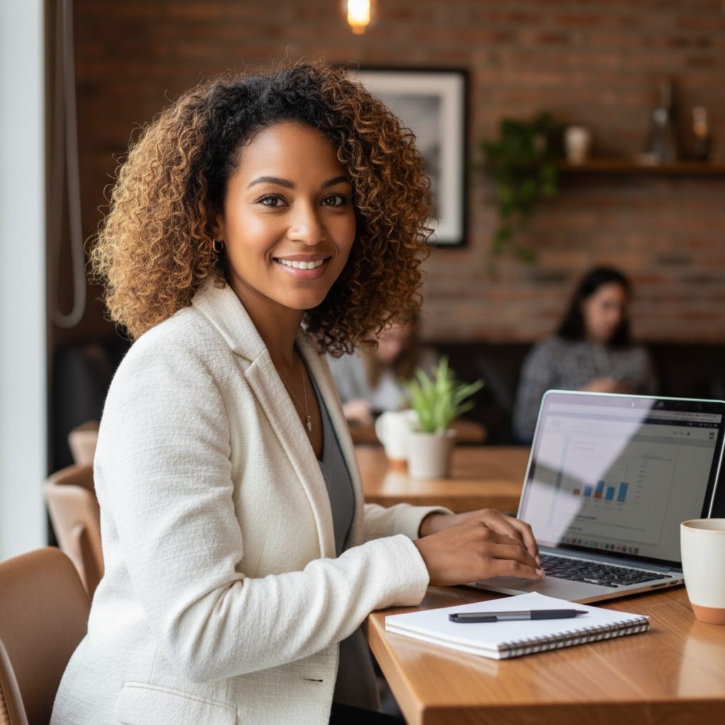 petite black woman working at modern coffee shop 32130752
