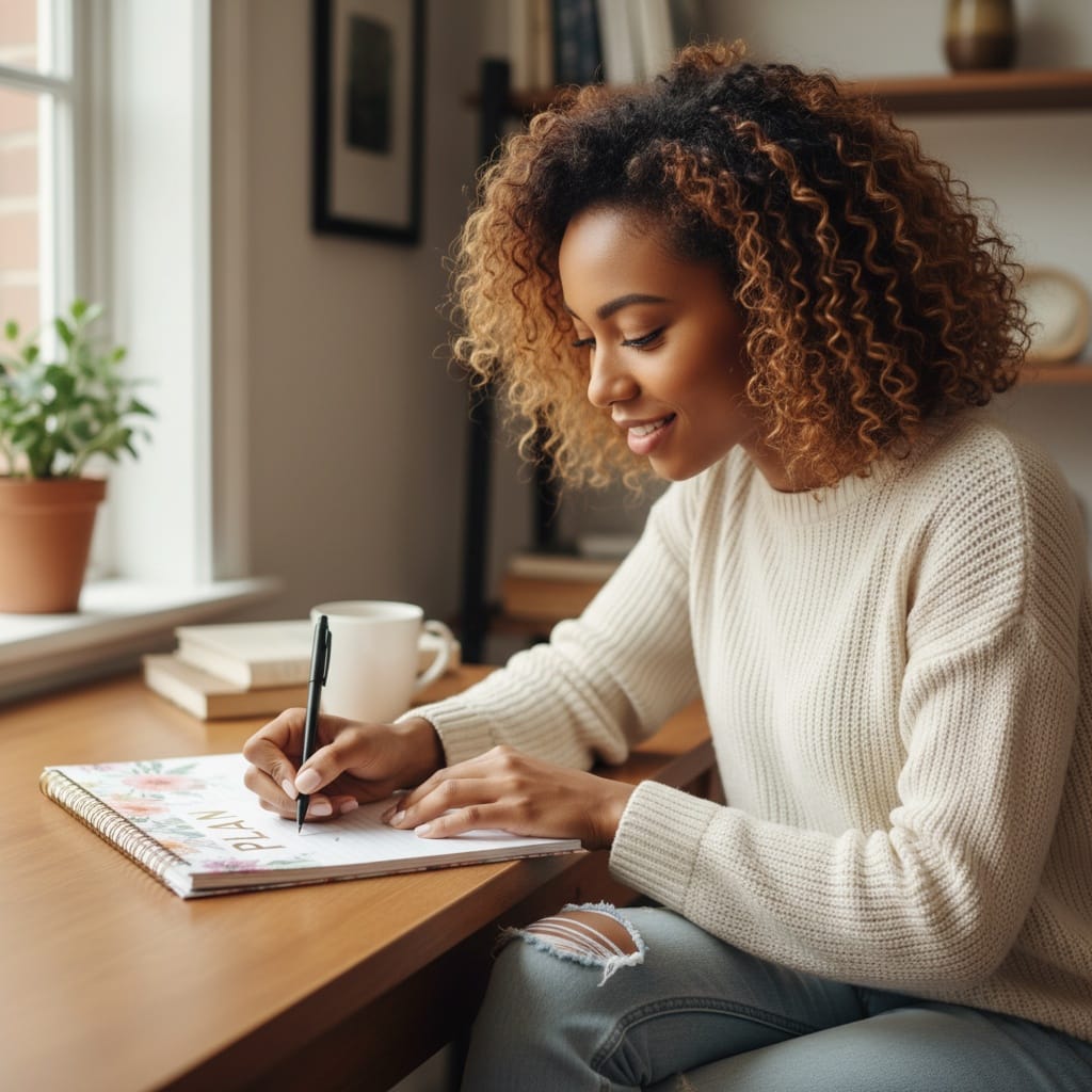 petite black woman writing notes journal closeup 72542756