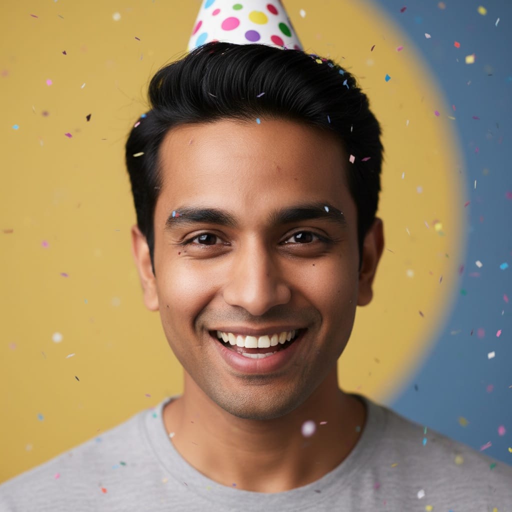 petite indian man birthday hat close up 62062031