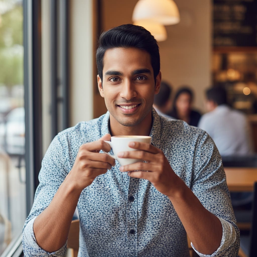 petite indian man coffee shop casual 86114536