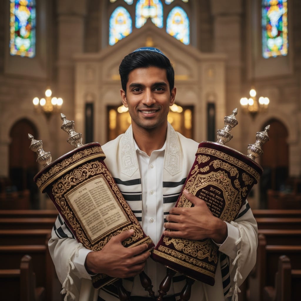 petite indian man holding torah scrolls 83818079