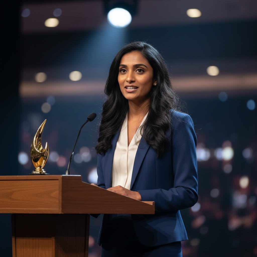 petite indian woman acceptance speech podium 27110415