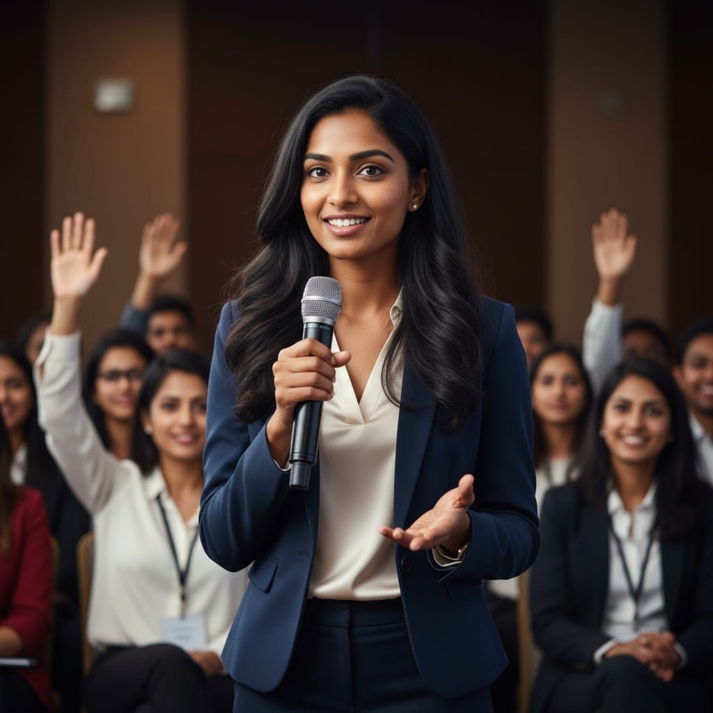 petite indian woman audience engagement qa 44764136