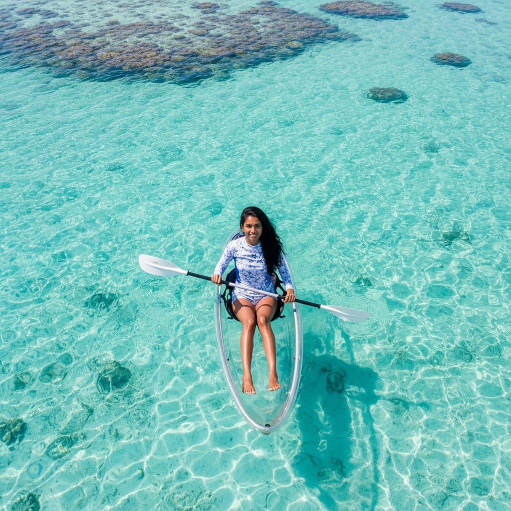 petite indian woman beach kayak turquoise water 81511708