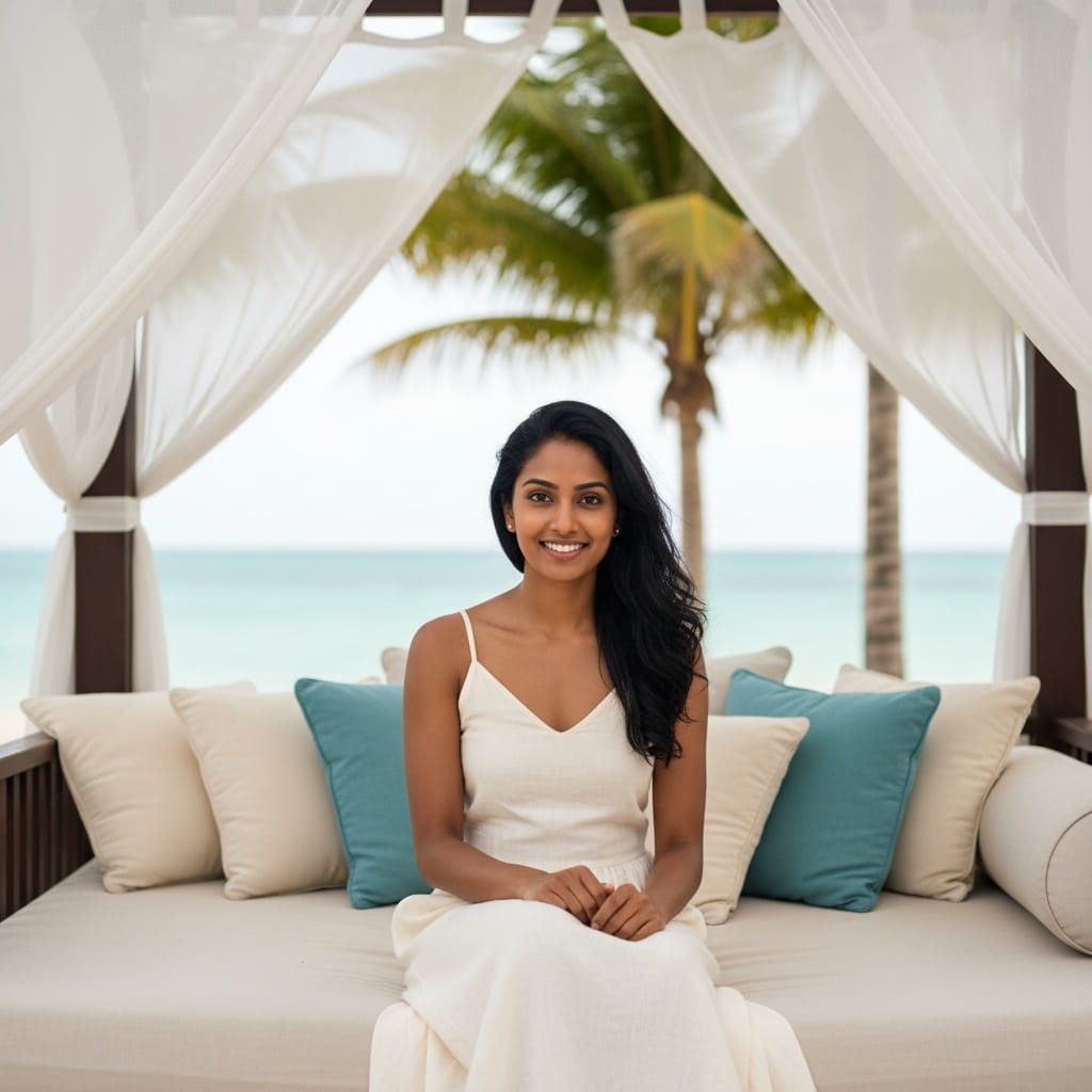 petite indian woman beachfront pavilion daybed 69114255