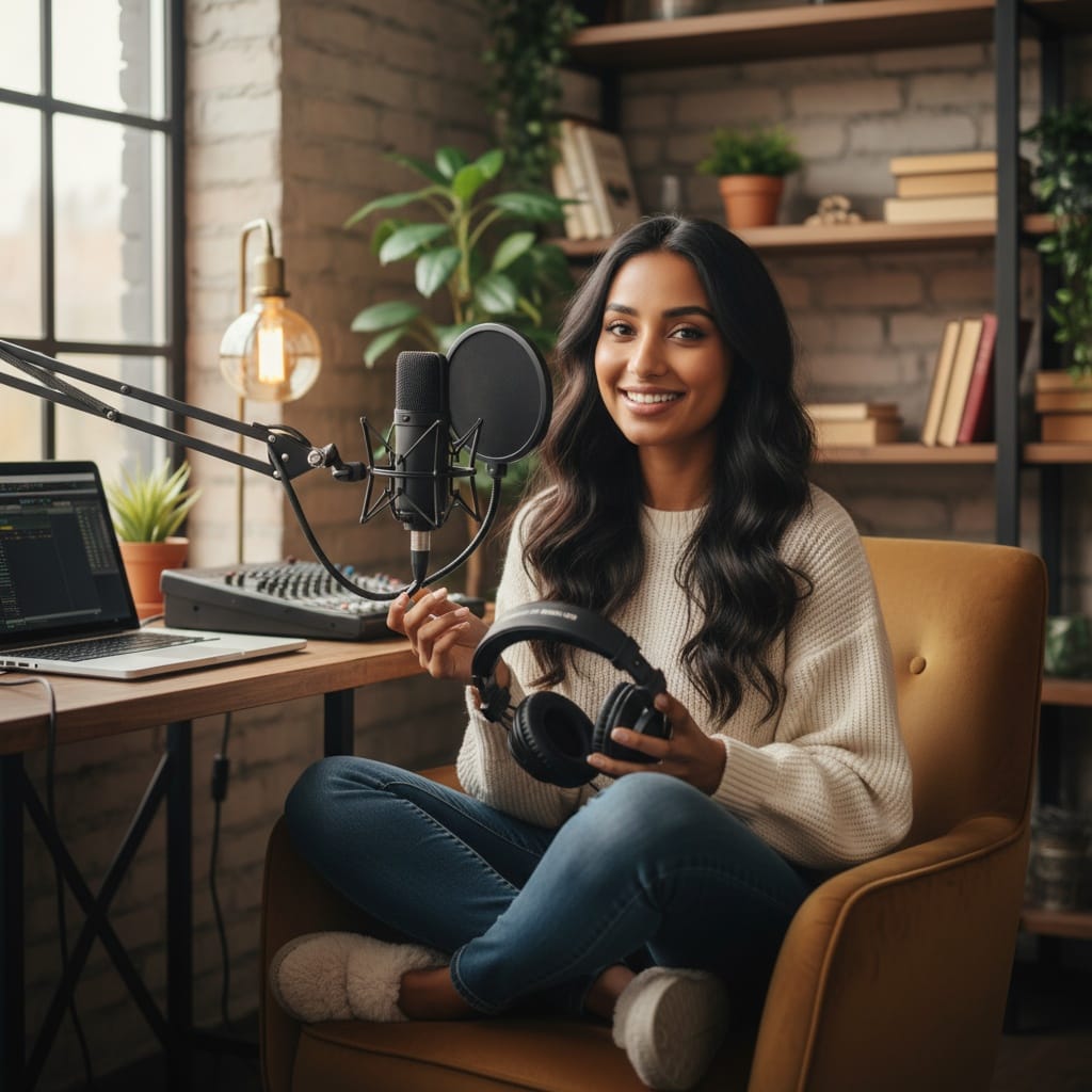 petite indian woman casual podcast setup 86218057