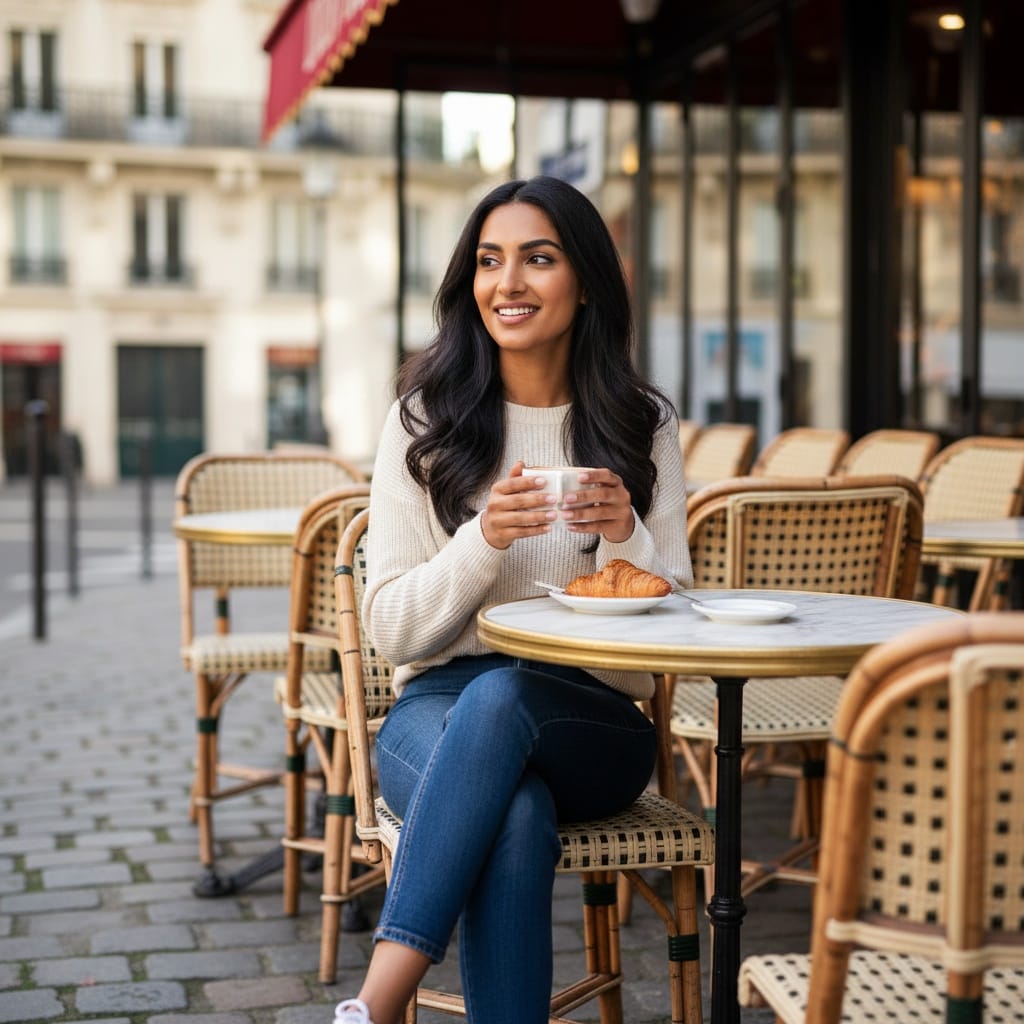 petite indian woman charming parisian cafe 92129662