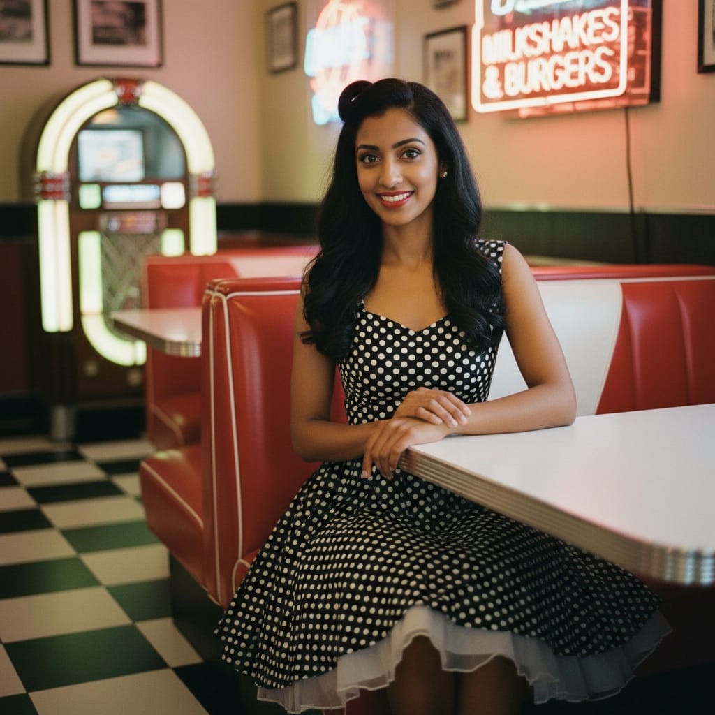 petite indian woman classic diner booth 52491799
