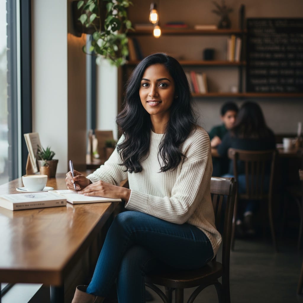 petite indian woman coffee shop casual setting 68828068