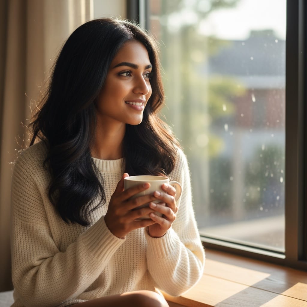 petite indian woman cozy morning coffee 60178009