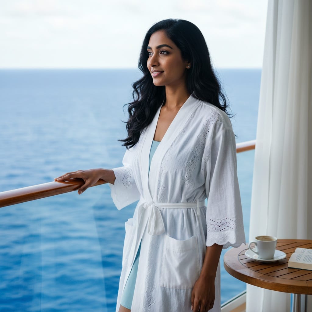 petite indian woman cruise ship balcony morning 35371155