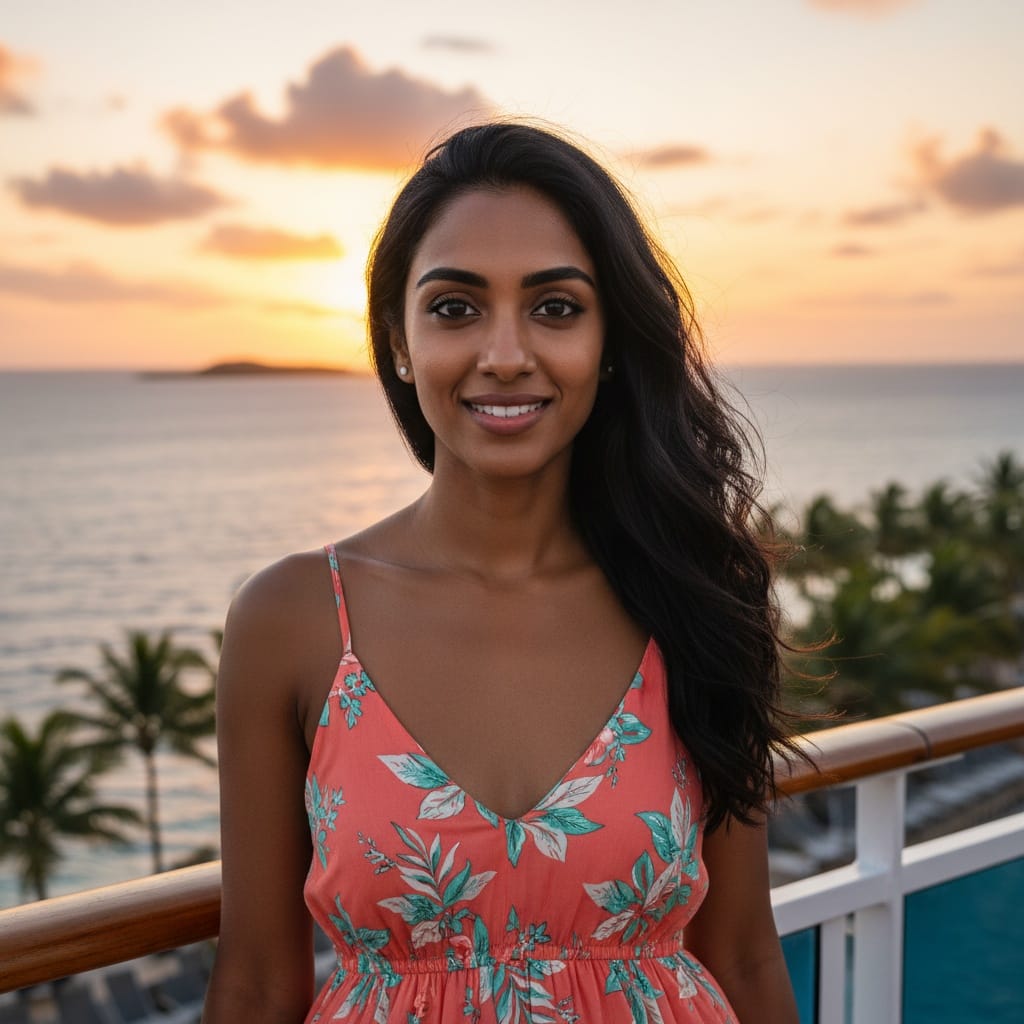 petite indian woman cruise ship deck sunset 51650592