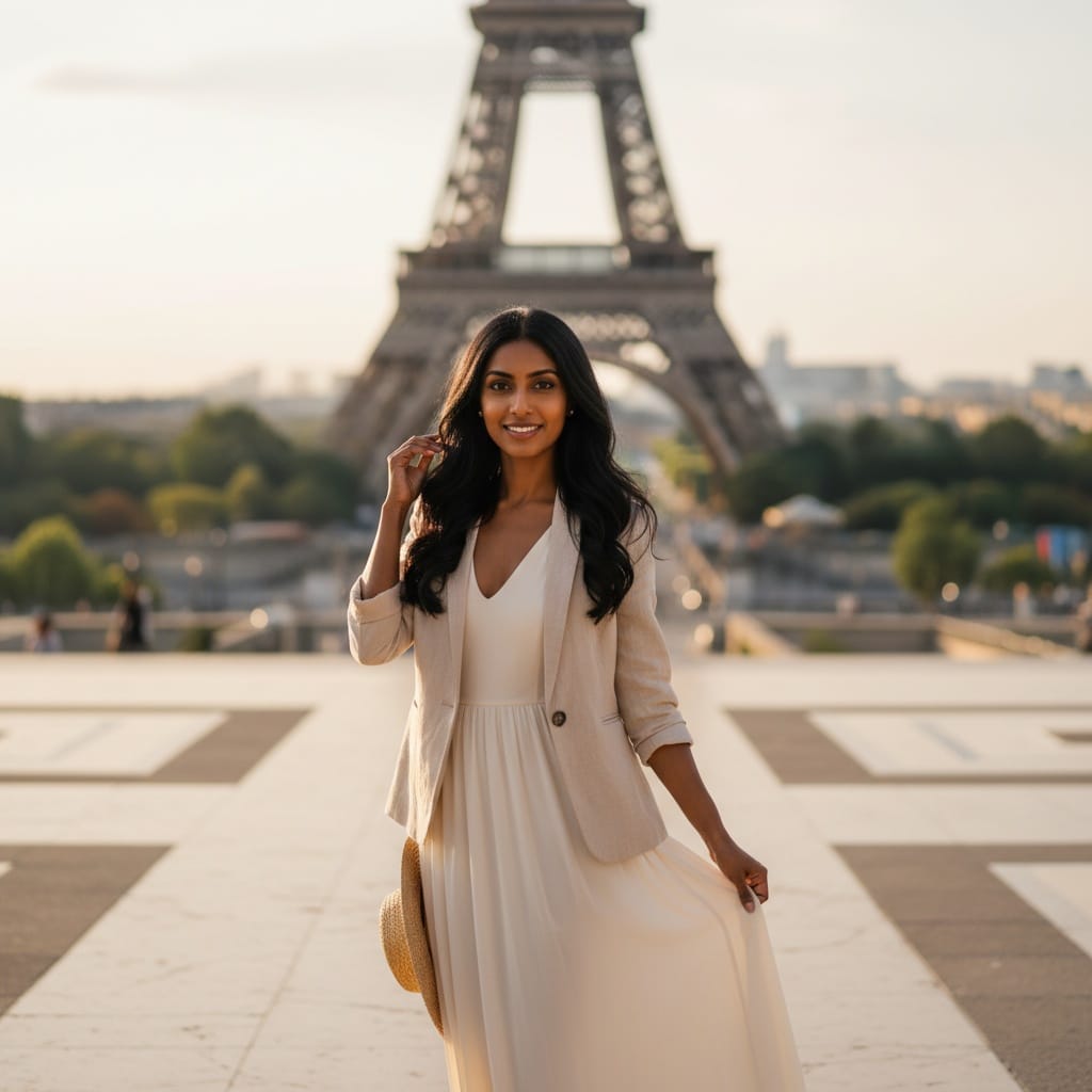 petite indian woman eiffel tower trocadero view 78714703