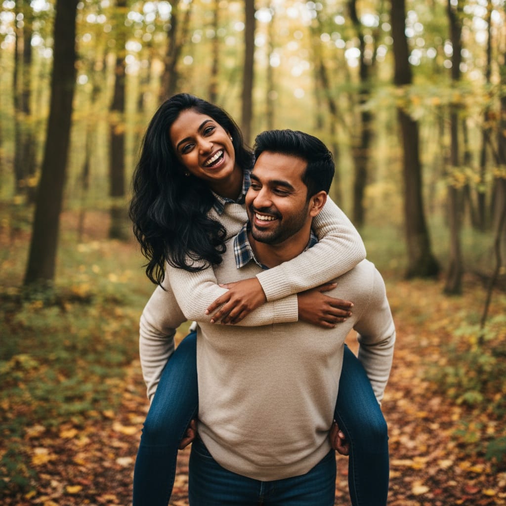 petite indian woman forest piggyback playful 11685548