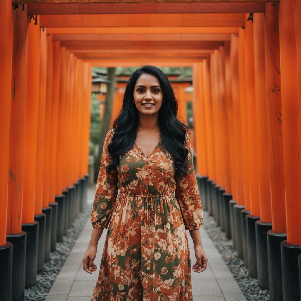 petite indian woman fushimi inari torii gates 15252454