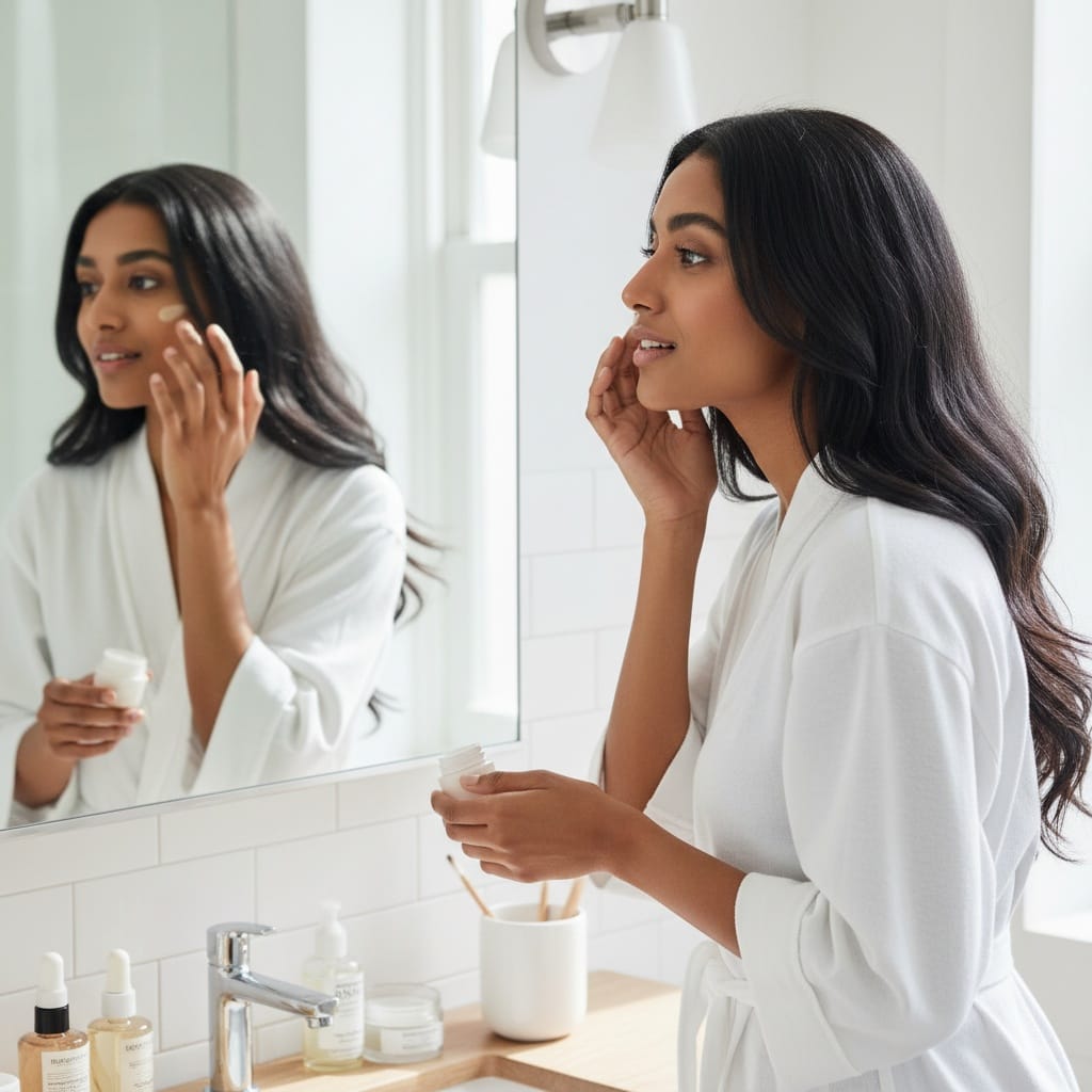 petite indian woman getting ready mirror 80053501