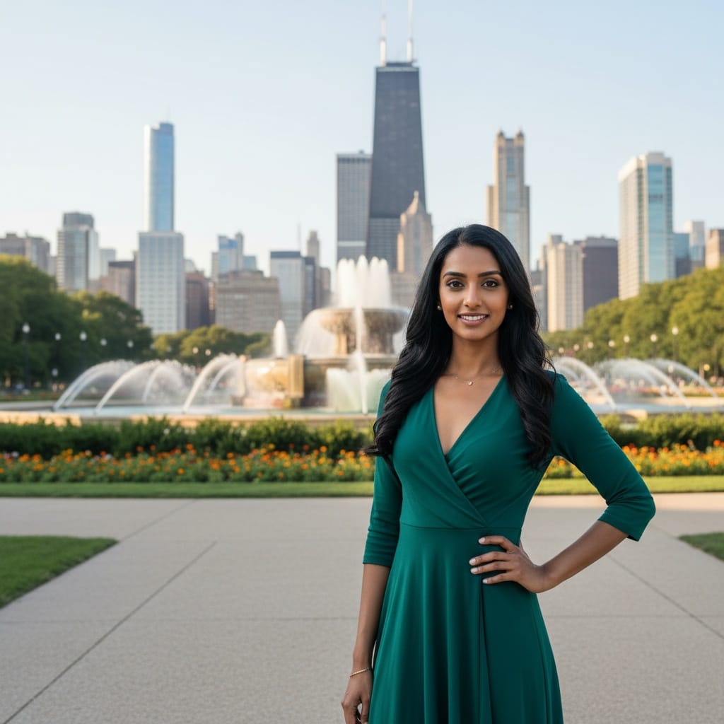 petite indian woman grant park buckingham fountain 76435365