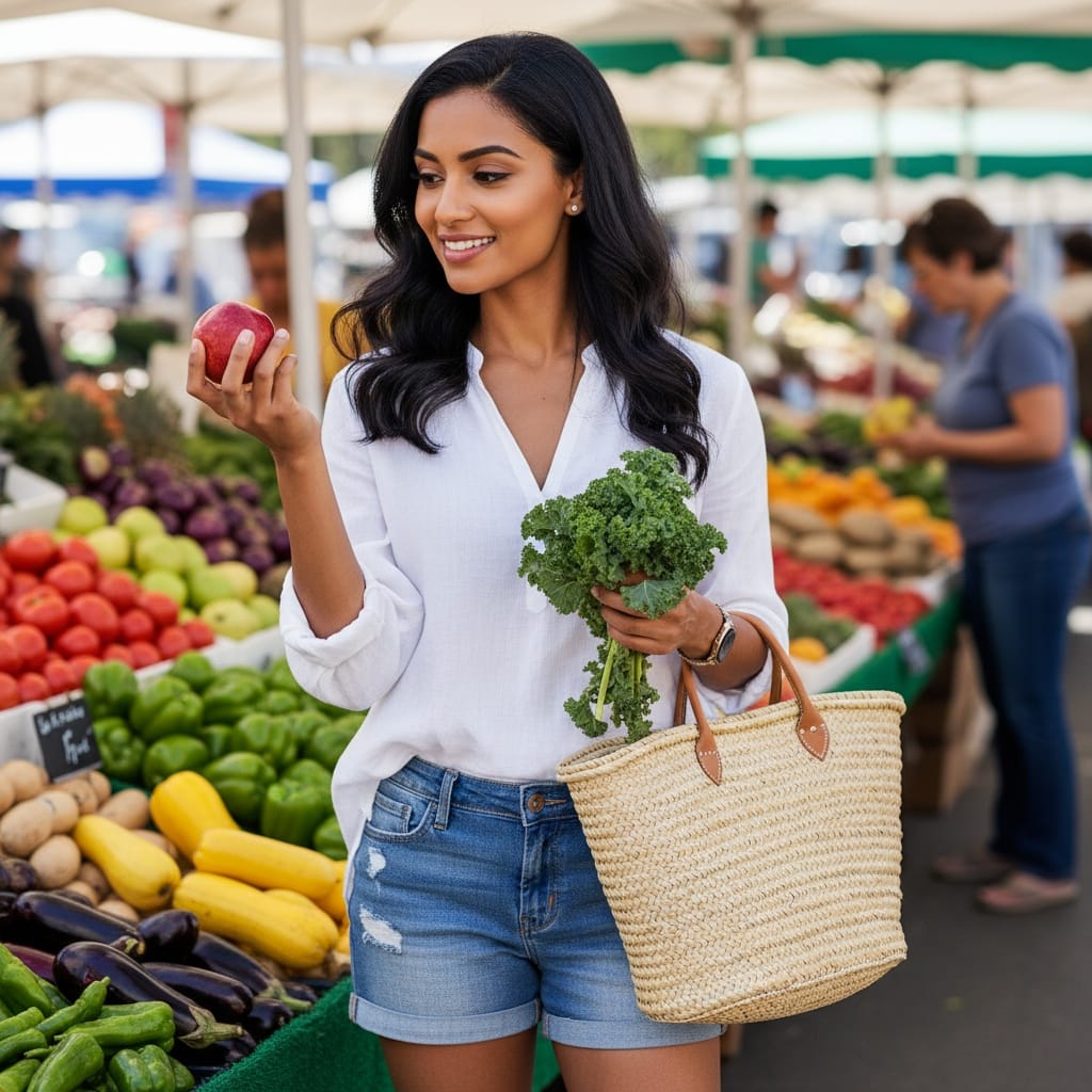 petite indian woman grocery shopping farmers market 11662444