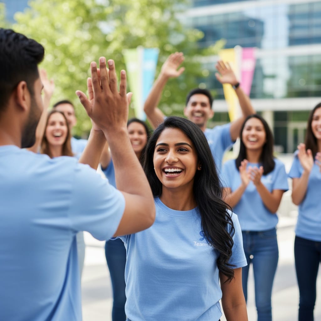 petite indian woman group celebration high five 67415821